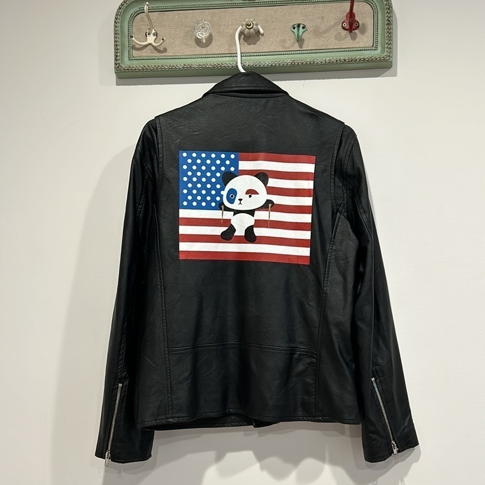 LFA NEW YORK FAUX LEATHER AMERICAN FLAG PANADA ART JACKET LARGE WOMENS BLACK
